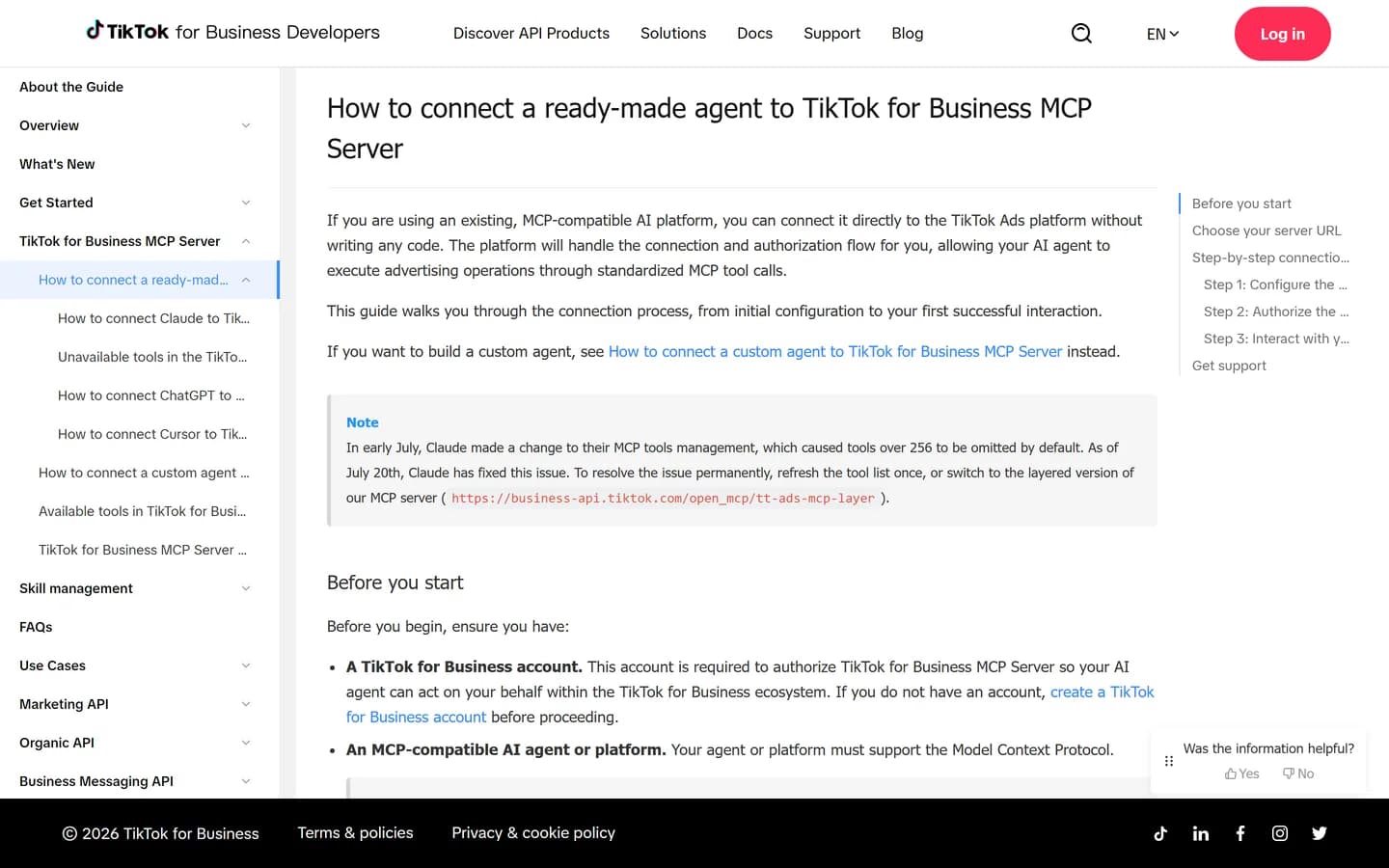 Page de documentation TikTok for Business Developers expliquant comment connecter un agent existant au serveur MCP, avec la note sur le bug Claude de juillet Page de documentation TikTok for Business Developers expliquant comment connecter un agent existant au serveur MCP, avec la note sur le bug Claude de juillet
