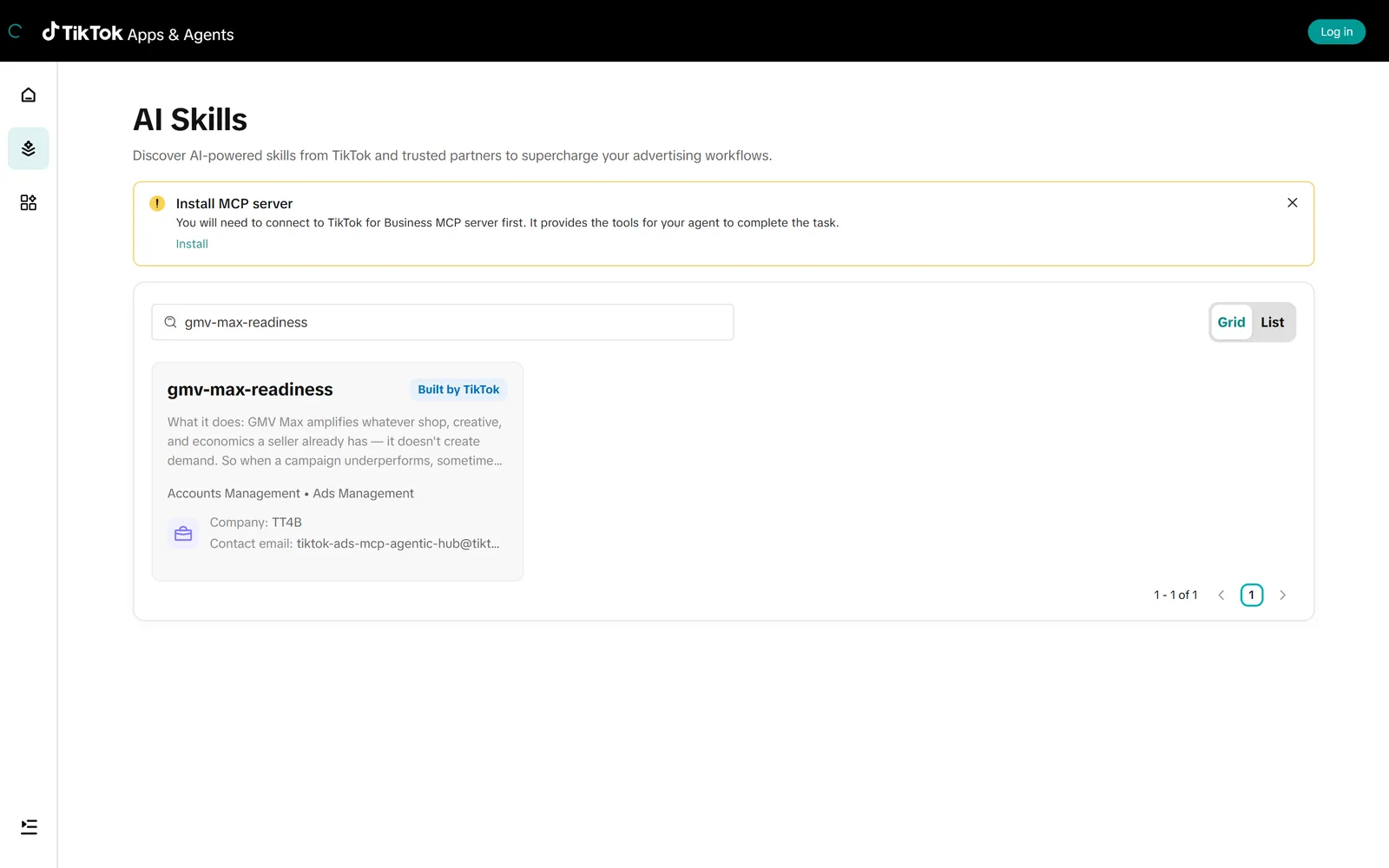 Fiche de la skill gmv-max-readiness dans l'Agentic Hub, badge Built by TikTok, avec le bandeau rappelant qu'il faut d'abord connecter le serveur MCP Fiche de la skill gmv-max-readiness dans l'Agentic Hub, badge Built by TikTok, avec le bandeau rappelant qu'il faut d'abord connecter le serveur MCP