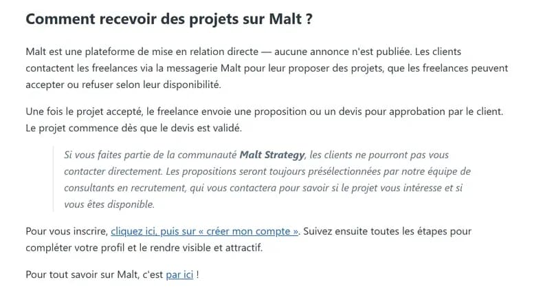 Extrait de la page d'aide Malt indiquant que la plateforme est une mise en relation directe, sans aucune annonce publiée, et que les clients contactent les freelances via la messagerie Extrait de la page d'aide Malt indiquant que la plateforme est une mise en relation directe, sans aucune annonce publiée, et que les clients contactent les freelances via la messagerie