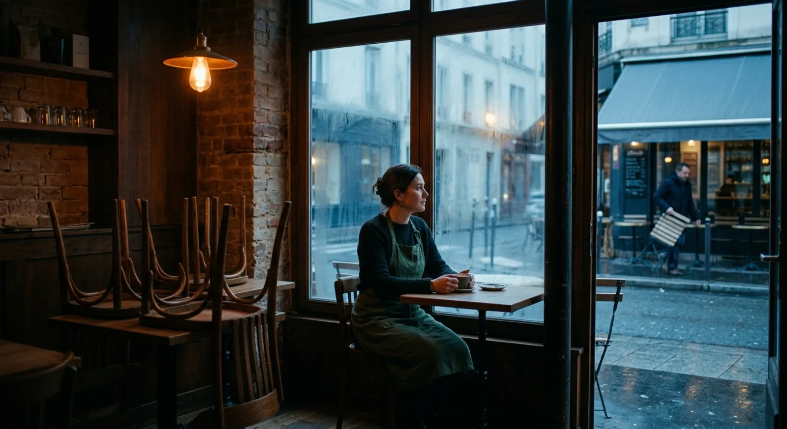 Petit café de quartier avant l'ouverture, à l'aube : les chaises encore empilées sur les tables, la patronne en tablier assise près de la vitre avec une tasse, qui regarde le café concurrent d'en face installer sa terrasse sous la pluie Petit café de quartier avant l'ouverture, à l'aube : les chaises encore empilées sur les tables, la patronne en tablier assise près de la vitre avec une tasse, qui regarde le café concurrent d'en face installer sa terrasse sous la pluie