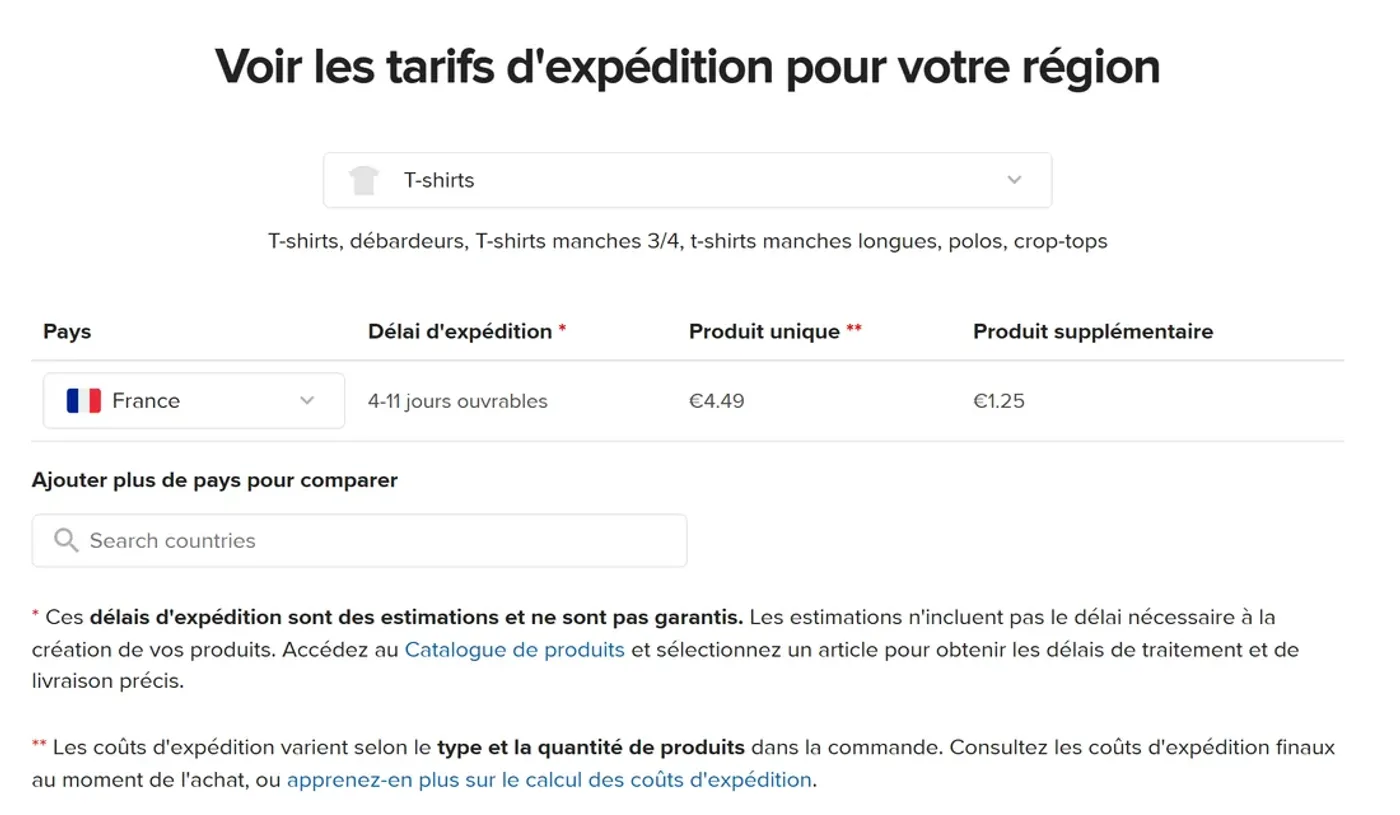 Grille des tarifs d'expédition Printful pour la catégorie t-shirts : France, 4 à 11 jours ouvrables, 4,49 euros pour un produit unique et 1,25 euro par produit supplémentaire Grille des tarifs d'expédition Printful pour la catégorie t-shirts : France, 4 à 11 jours ouvrables, 4,49 euros pour un produit unique et 1,25 euro par produit supplémentaire