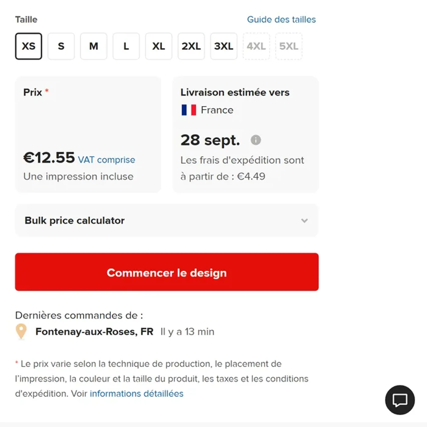 Fiche produit Printful du t-shirt Bella + Canvas 3001 : prix de 12,55 euros TVA comprise avec une impression incluse, livraison estimée en France et frais d'expédition à partir de 4,49 euros Fiche produit Printful du t-shirt Bella + Canvas 3001 : prix de 12,55 euros TVA comprise avec une impression incluse, livraison estimée en France et frais d'expédition à partir de 4,49 euros