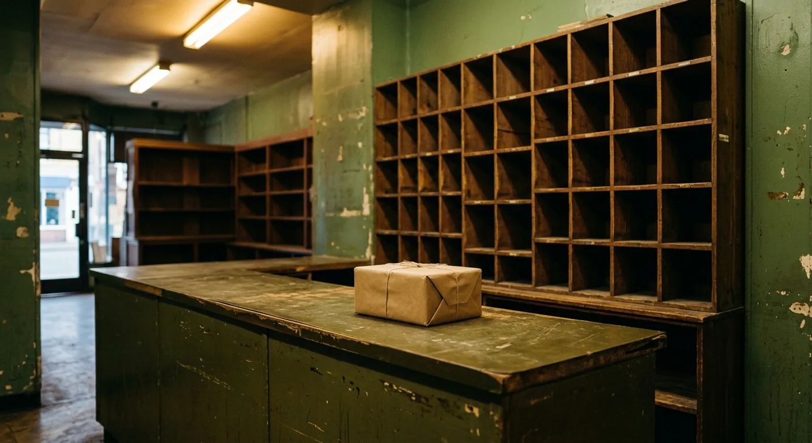 Comptoir de retrait dans une petite boutique de quartier, mur de casiers en bois de tailles différentes derrière, un colis en papier kraft posé seul sur le comptoir vert usé Comptoir de retrait dans une petite boutique de quartier, mur de casiers en bois de tailles différentes derrière, un colis en papier kraft posé seul sur le comptoir vert usé