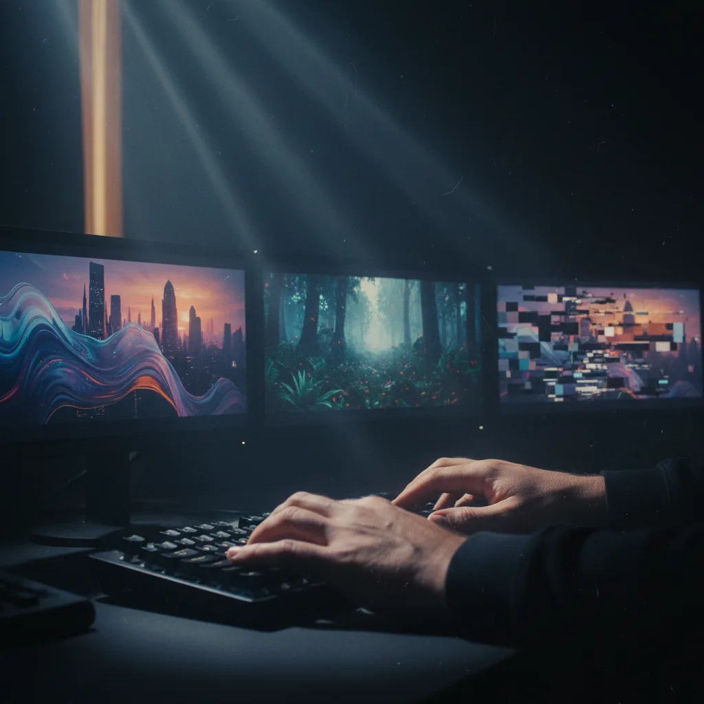 Image corps – Monteur comparant des rendus IA sur timeline Image corps – Monteur comparant des rendus IA sur timeline