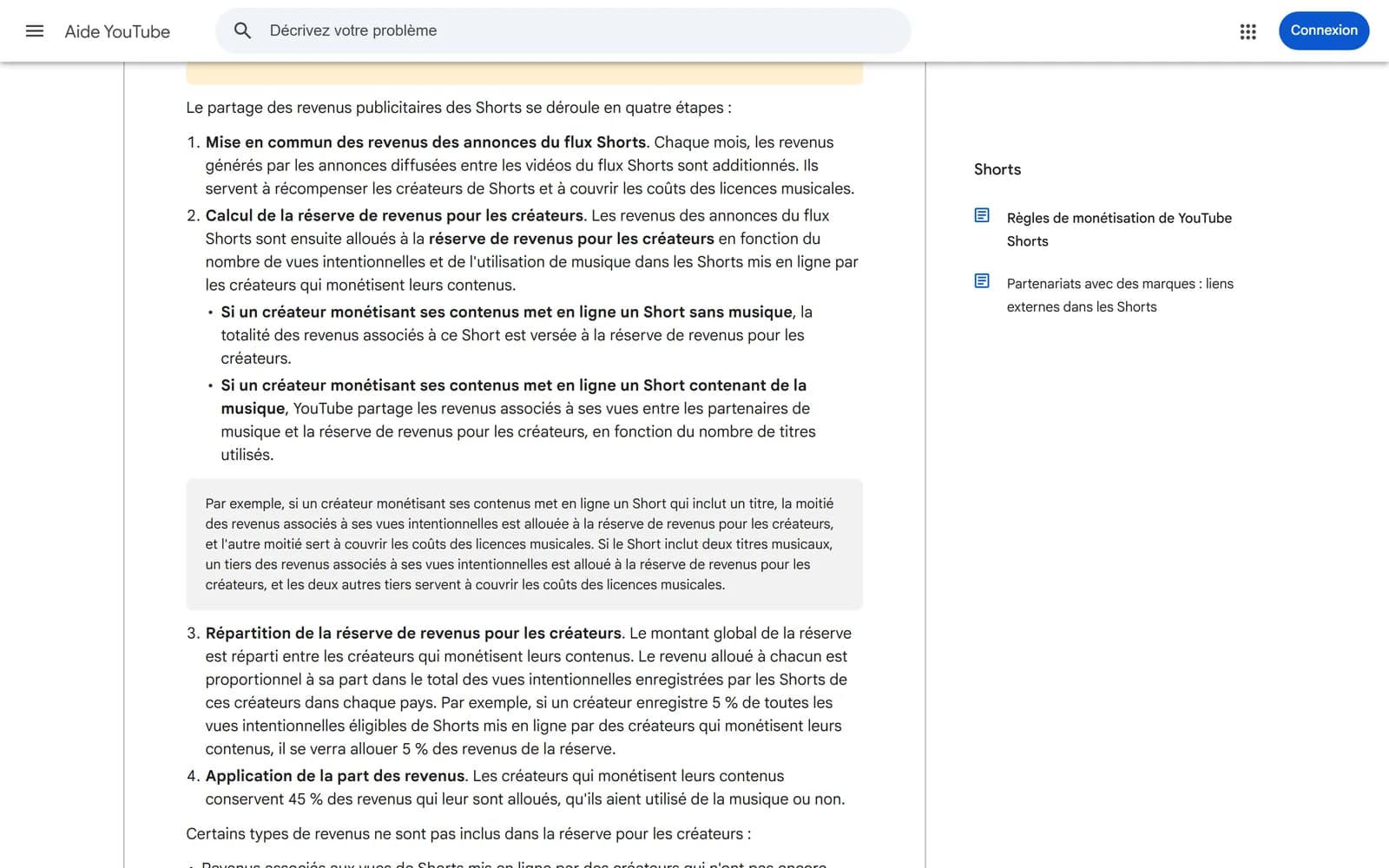 Page d'aide YouTube « Monétisation des Shorts » en français, section décrivant les quatre étapes du partage des revenus publicitaires du flux Shorts Page d'aide YouTube « Monétisation des Shorts » en français, section décrivant les quatre étapes du partage des revenus publicitaires du flux Shorts