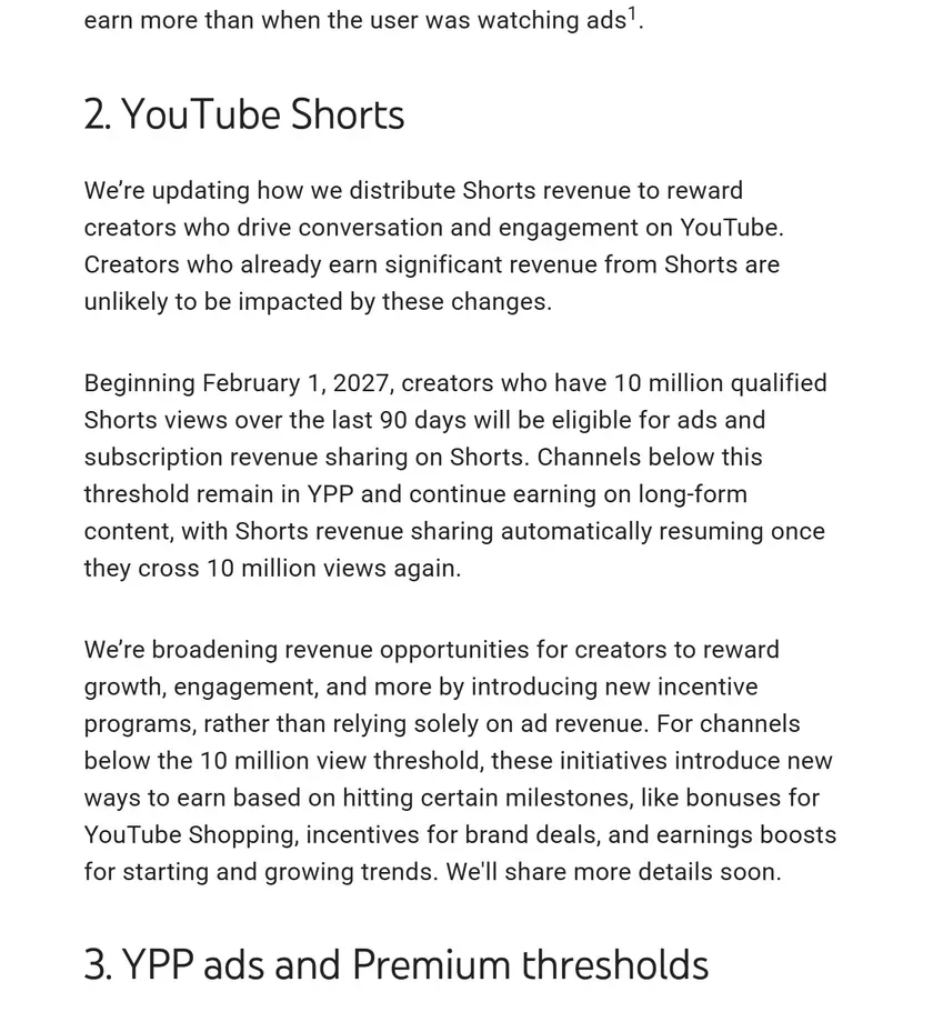 Extrait du blog officiel YouTube du 10 août 2026, section « YouTube Shorts » annonçant le seuil de 10 millions de vues qualifiées sur 90 jours pour le partage des revenus des Shorts à partir du 1er février 2027 Extrait du blog officiel YouTube du 10 août 2026, section « YouTube Shorts » annonçant le seuil de 10 millions de vues qualifiées sur 90 jours pour le partage des revenus des Shorts à partir du 1er février 2027