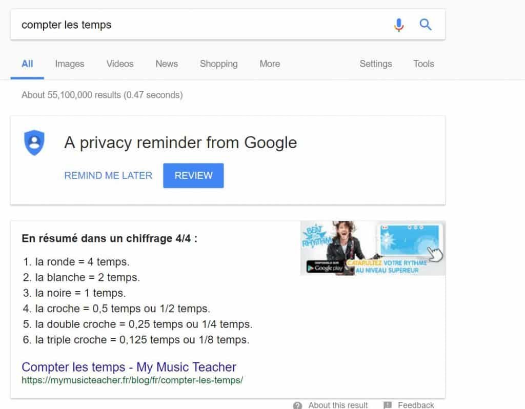 Le résultat de recherche sur google de mymusicteacher illustre la qualité de son SEO en première page.