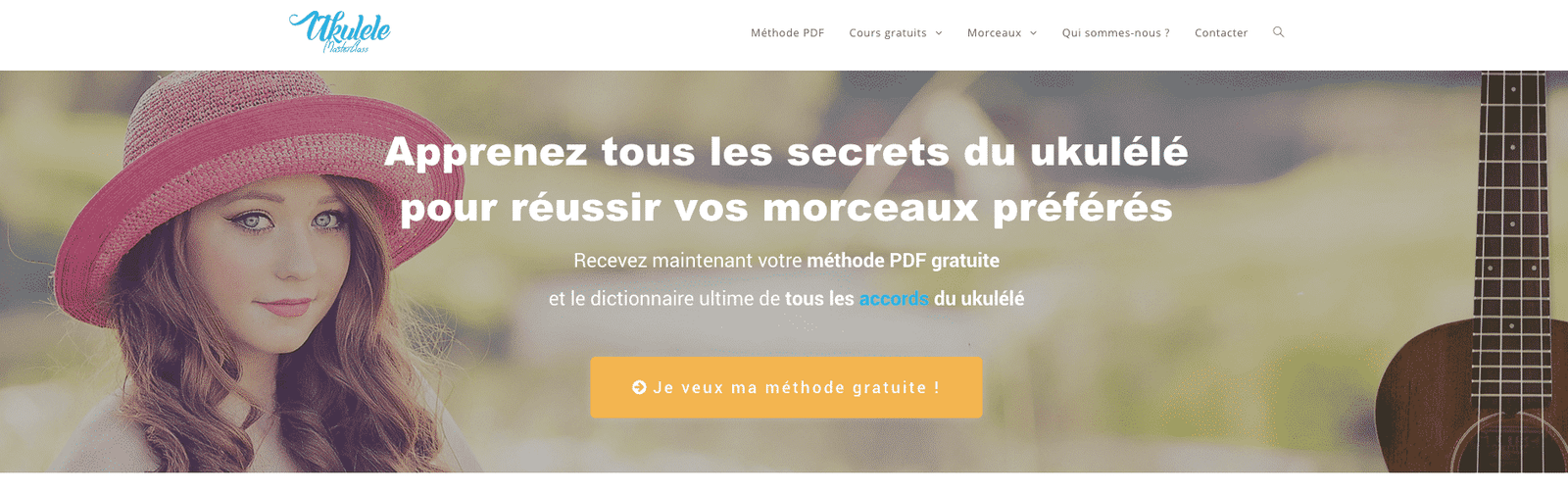Voici la page d'accueil d'un site web spécialisé pour apprendre à jouer du ukulelé