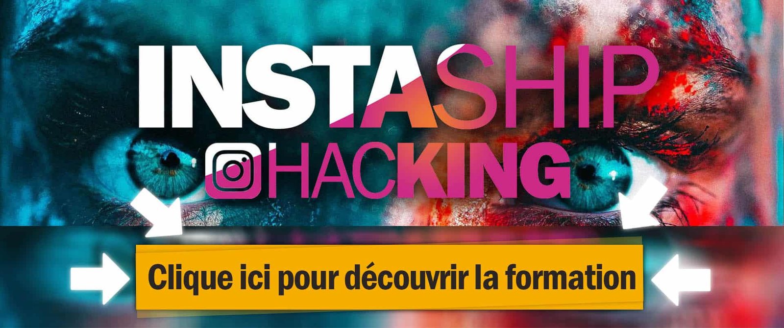 Une formation Instagram influenceurs et publicité avec un bouton pour découvrir la formation Instagram sur un fond très coloré.