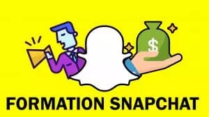 On retrouve le fond jaune de snapchat avec le logo, on voit une image d'une formation snapchat en ligne presque gratuite qui permet d'apprendre à utiliser snapchat ads.