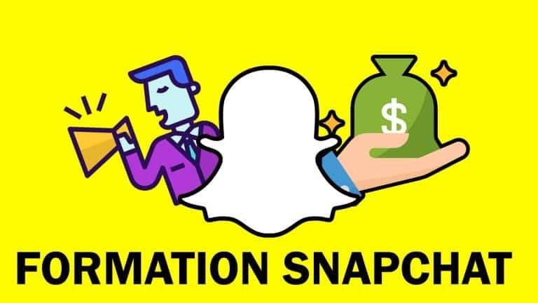 Formation Snapchat publicité pour vendre à un nouveau type d'audience ! 4 On retrouve le fond jaune de snapchat avec le logo, on voit une image d'une formation snapchat en ligne presque gratuite qui permet d'apprendre à utiliser snapchat ads.