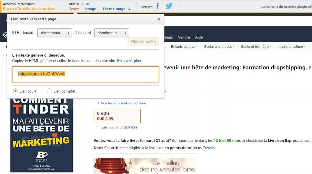 Barre permettant de récupérer le lien d'affiliation chez amazon sur un produit vendu par amazon.