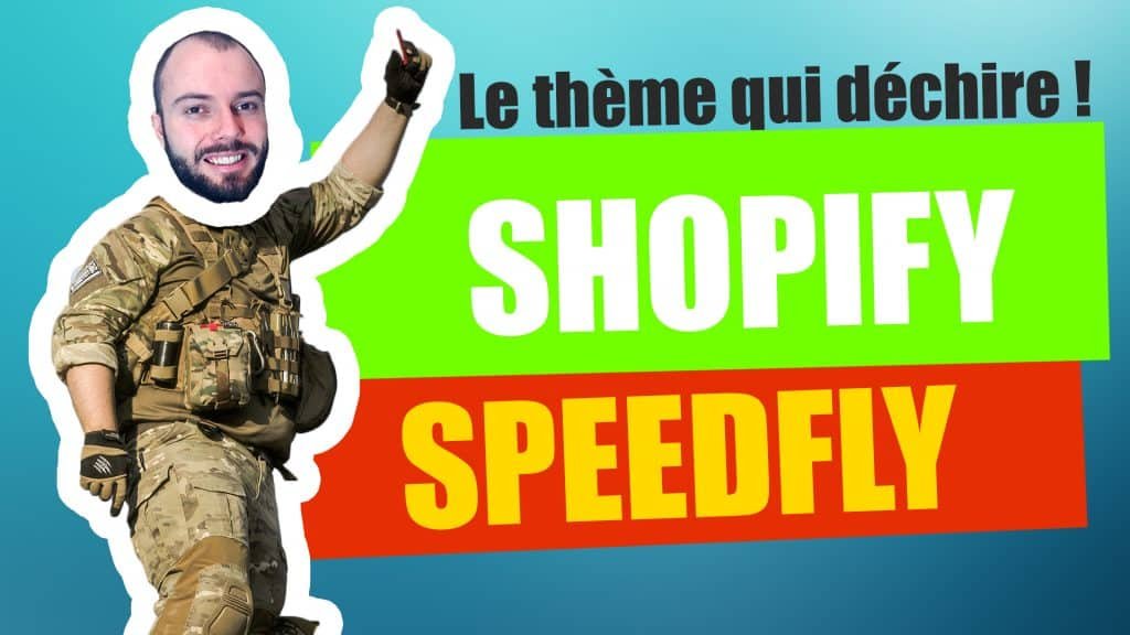 Cette image montre le thème de speedfly testé par un formateur en dropshipping. Avec un fond bleu et des couleurs vives comme le rouge.