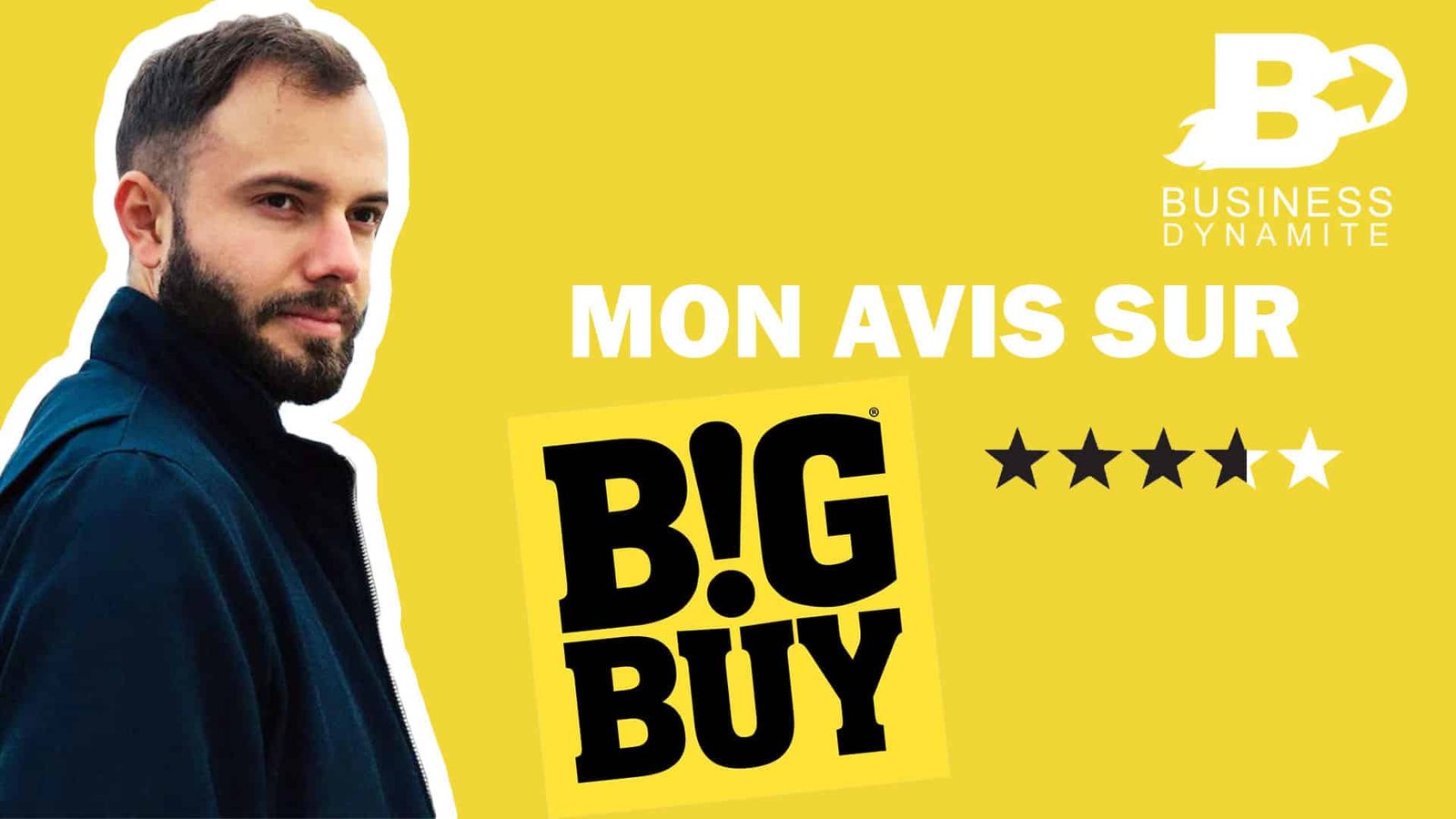 Le logo de bigbuy avec son catalogue et un formateur de dropshipping qui donne son avis sur un fond jaune.