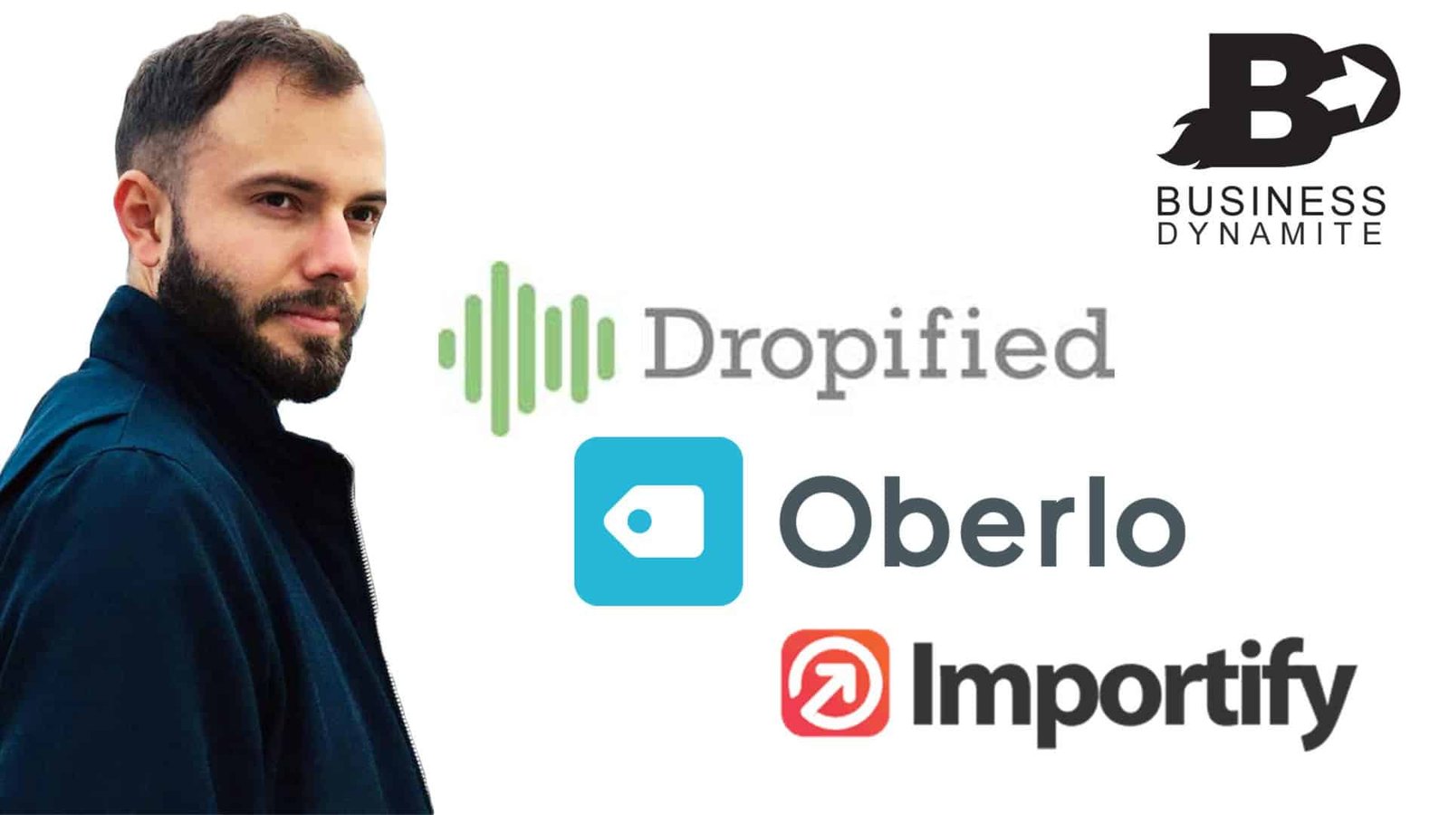 Une photo des logos de dropified, oberlo et importify pour comparer qui est le meilleur avec un fond gris.
