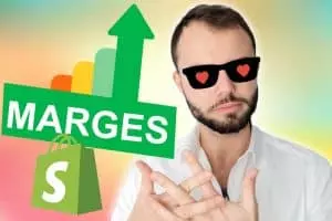Le logo de shopify avec un système qui permet d'augmenter considérablement ses marges sur aliexpress. On voit un formateur avec des lunettes d'aliexpress qui fait de la marge.
