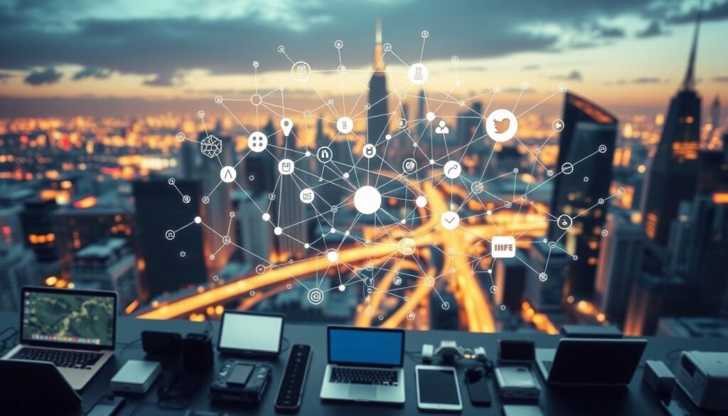 A bird's eye view of a bustling web traffic ecosystem. In the foreground, various digital devices - laptops, smartphones, tablets - represent the diverse sources of web traffic. In the middle ground, a tangled web of interconnected lines, shapes, and icons symbolize the complex web of online channels, platforms, and data flows. In the background, a sleek, minimalist cityscape backdrop evokes the modern, technology-driven landscape. Soft, warm lighting casts a subtle glow, creating a sense of energy and dynamism. The overall composition conveys the interconnected, multifaceted nature of web traffic sources in the digital age.