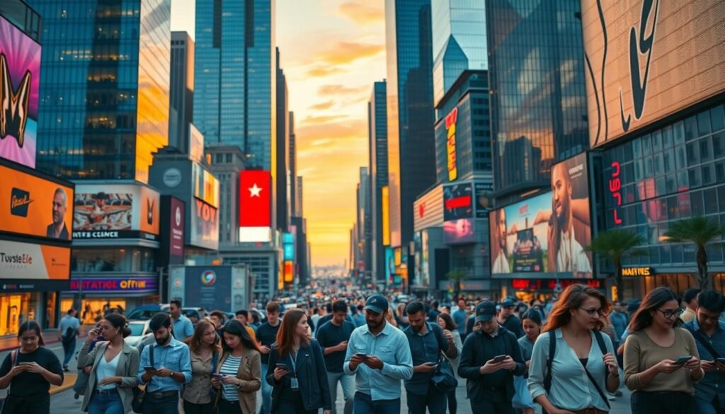 A bustling city skyline with towering skyscrapers and neon signs reflecting off sleek glass facades. In the foreground, a diverse group of people seamlessly navigating through the urban landscape, connected by their digital devices and unified by a cohesive marketing strategy. Warm hues of sunset bathe the scene, creating a vibrant, energetic atmosphere. The image conveys the power of an omnichannel approach, where online and offline channels seamlessly blend to deliver a tailored, immersive customer experience. A bustling city skyline with towering skyscrapers and neon signs reflecting off sleek glass facades. In the foreground, a diverse group of people seamlessly navigating through the urban landscape, connected by their digital devices and unified by a cohesive marketing strategy. Warm hues of sunset bathe the scene, creating a vibrant, energetic atmosphere. The image conveys the power of an omnichannel approach, where online and offline channels seamlessly blend to deliver a tailored, immersive customer experience.