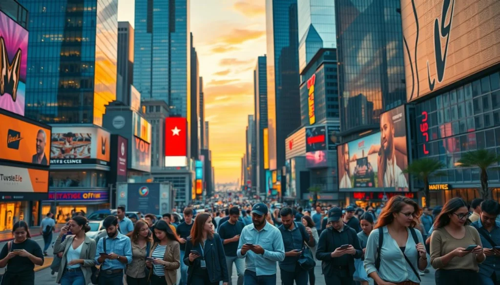 A bustling city skyline with towering skyscrapers and neon signs reflecting off sleek glass facades. In the foreground, a diverse group of people seamlessly navigating through the urban landscape, connected by their digital devices and unified by a cohesive marketing strategy. Warm hues of sunset bathe the scene, creating a vibrant, energetic atmosphere. The image conveys the power of an omnichannel approach, where online and offline channels seamlessly blend to deliver a tailored, immersive customer experience.