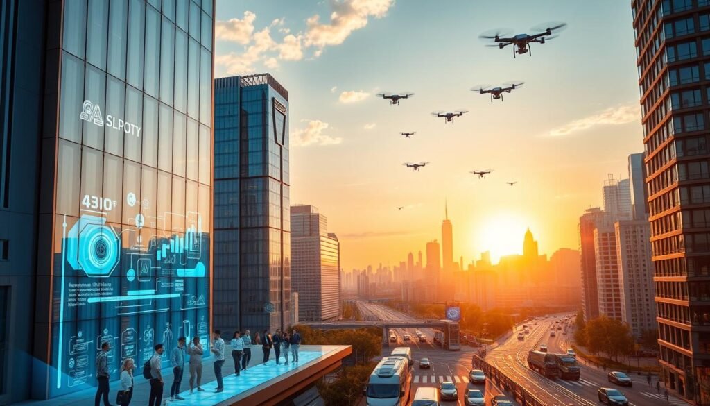 A bustling cityscape with towering skyscrapers and futuristic architectural designs, bathed in a warm, golden glow from the setting sun. In the foreground, a sleek, high-tech building with seamless glass panels and a minimalist aesthetic. Holographic displays and AR projections illuminate the facade, showcasing cutting-edge AI-powered applications for business automation, customer service, and market analysis. The middle ground features a diverse array of people interacting with these technologies, their movements fluid and natural as they navigate the digital interfaces. The background is a panoramic view of the city, with autonomous vehicles navigating the streets and drones soaring overhead, all connected by an intricate web of data and artificial intelligence.