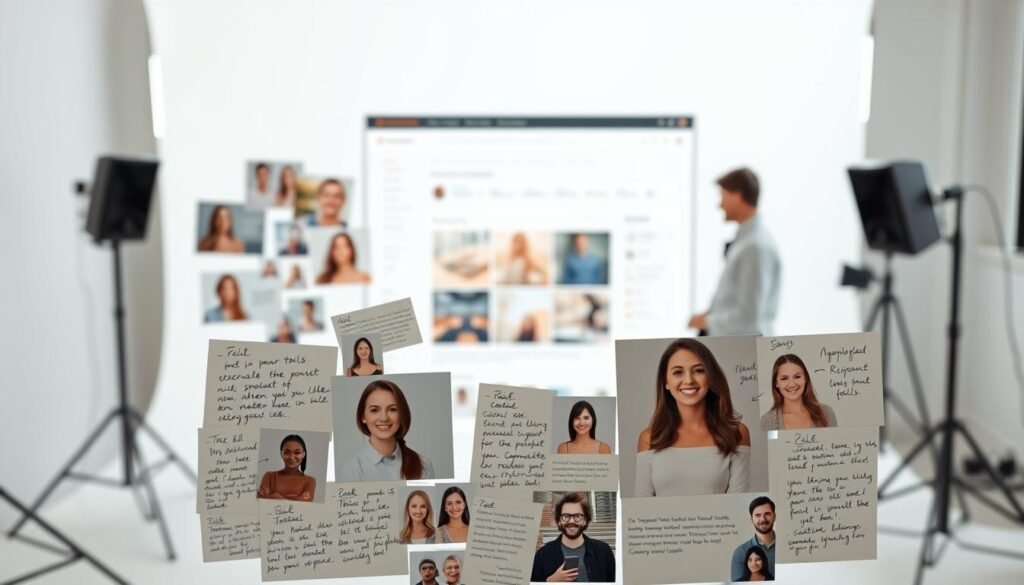 A bustling e-commerce setting, showcasing user testimonials and reviews. A minimalist white studio backdrop, with soft, natural lighting from the sides. In the foreground, a collage of handwritten notes, product screenshots, and smiling customer portraits, conveying a sense of authenticity and personal connection. The middle ground features a clean, modern web interface displaying ratings, comments, and testimonial excerpts. In the background, a blurred cityscape or office environment, hinting at the real-world context of the e-commerce platform. The overall mood is one of trust, credibility, and user satisfaction, inviting the viewer to engage with the featured platform. A bustling e-commerce setting, showcasing user testimonials and reviews. A minimalist white studio backdrop, with soft, natural lighting from the sides. In the foreground, a collage of handwritten notes, product screenshots, and smiling customer portraits, conveying a sense of authenticity and personal connection. The middle ground features a clean, modern web interface displaying ratings, comments, and testimonial excerpts. In the background, a blurred cityscape or office environment, hinting at the real-world context of the e-commerce platform. The overall mood is one of trust, credibility, and user satisfaction, inviting the viewer to engage with the featured platform.