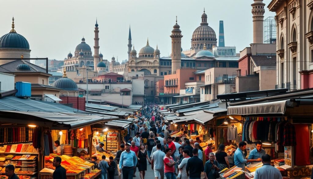 A bustling international marketplace, with vibrant stalls and vendors from diverse cultures. In the foreground, an array of colorful goods - handcrafted textiles, spices, and artisanal wares. In the middle ground, a throng of people browsing the stalls, a lively mix of locals and global travelers. The background is a tapestry of architectural styles, from ornate domes to sleek modern structures, reflecting the cosmopolitan nature of the scene. Warm, diffused lighting bathes the entire setting, creating a cozy, atmospheric ambiance. The overall mood is one of global commerce, cultural exchange, and a sense of discovery. A bustling international marketplace, with vibrant stalls and vendors from diverse cultures. In the foreground, an array of colorful goods - handcrafted textiles, spices, and artisanal wares. In the middle ground, a throng of people browsing the stalls, a lively mix of locals and global travelers. The background is a tapestry of architectural styles, from ornate domes to sleek modern structures, reflecting the cosmopolitan nature of the scene. Warm, diffused lighting bathes the entire setting, creating a cozy, atmospheric ambiance. The overall mood is one of global commerce, cultural exchange, and a sense of discovery.