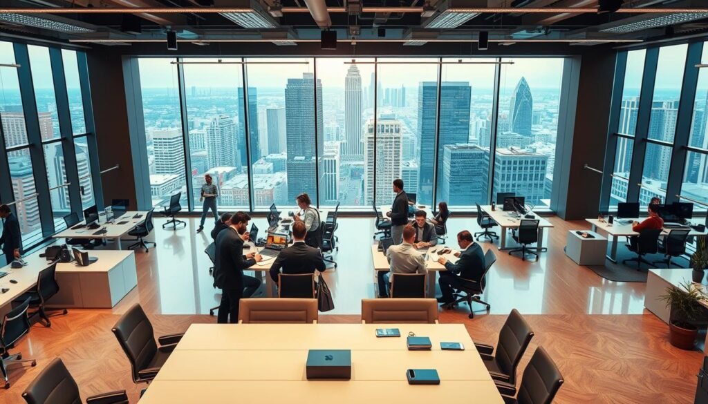 A bustling office interior, filled with the energy of productivity and efficiency. In the foreground, a team of professionals collaborating at a large conference table, surrounded by sleek, modern furniture and state-of-the-art technology. The middle ground features an open, airy workspace with ergonomic desks and chairs, where employees are intently focused on their tasks. In the background, floor-to-ceiling windows provide a panoramic view of a thriving urban landscape, bathed in warm, natural lighting that creates a sense of calm and inspiration. The overall atmosphere conveys the synergy of a well-oiled, innovative enterprise, where every process is streamlined for maximum productivity and success.