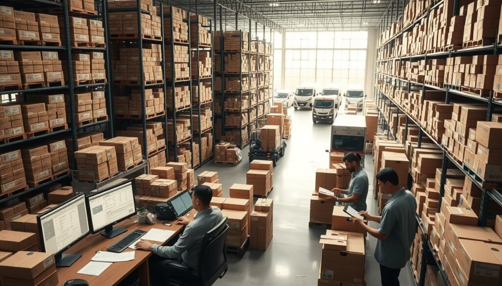 A bustling warehouse filled with towering shelves, neatly stacked boxes, and a team of focused workers efficiently processing orders. Soft, diffused lighting filters in through large windows, casting a warm glow over the scene. In the foreground, a central desk with multiple computer screens displays real-time order data and logistics information. Workers consult these screens, making notes and coordinating shipments. The middle ground showcases the intricate logistics of dropshipping, with workers carefully packing orders and scanning barcodes. In the background, a fleet of delivery vehicles waits to transport the packages to their destinations. An atmosphere of quiet efficiency and organization permeates the entire image, reflecting the "Gestion des commandes et logistique" section of the article.