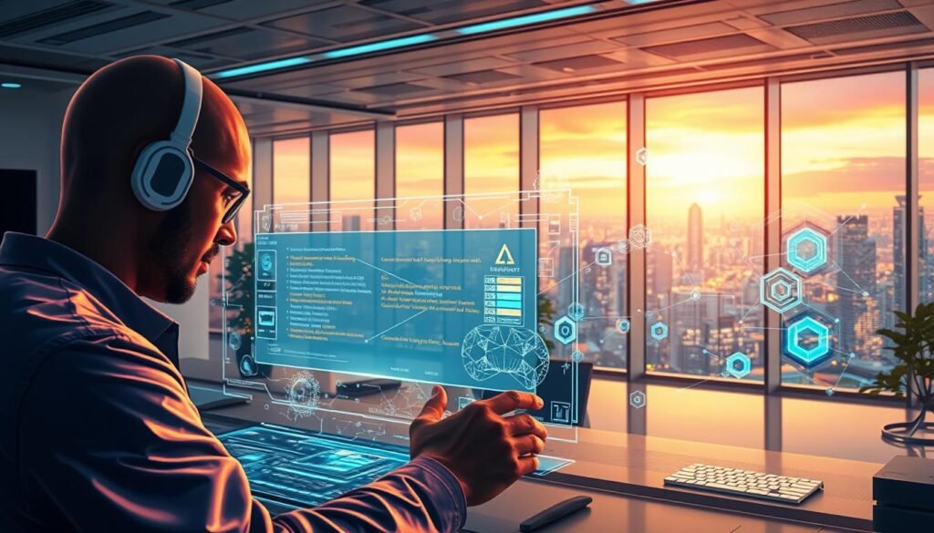 A captivating illustration of "AI prompt engineering" showcasing a futuristic workspace. In the foreground, a skilled engineer meticulously constructs a complex prompt on a holographic interface, their hands dancing across the controls. The middle ground features an array of intelligent algorithms and neural networks, represented by glowing geometric shapes and pulsing data streams. In the background, a sleek, high-tech office environment with floor-to-ceiling windows overlooking a vibrant cityscape bathed in warm, ambient lighting. The scene conveys a sense of innovative problem-solving, technological mastery, and the boundless potential of artificial intelligence.