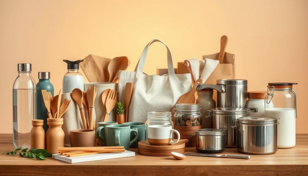 A collection of durable, sustainable products arranged in a visually appealing composition. In the foreground, a variety of high-quality, eco-friendly items such as reusable water bottles, bamboo utensils, and organic cotton tote bags. In the middle ground, several long-lasting home goods like ceramic mugs, glass storage jars, and stainless steel cookware. The background features a soft, natural-toned backdrop, perhaps a wooden table or a minimal studio setting, illuminated by warm, diffused lighting to showcase the products' materials and craftsmanship. The overall mood is one of simplicity, functionality, and environmental consciousness, reflecting the ethos of a curated collection of truly sustainable goods. A collection of durable, sustainable products arranged in a visually appealing composition. In the foreground, a variety of high-quality, eco-friendly items such as reusable water bottles, bamboo utensils, and organic cotton tote bags. In the middle ground, several long-lasting home goods like ceramic mugs, glass storage jars, and stainless steel cookware. The background features a soft, natural-toned backdrop, perhaps a wooden table or a minimal studio setting, illuminated by warm, diffused lighting to showcase the products' materials and craftsmanship. The overall mood is one of simplicity, functionality, and environmental consciousness, reflecting the ethos of a curated collection of truly sustainable goods.
