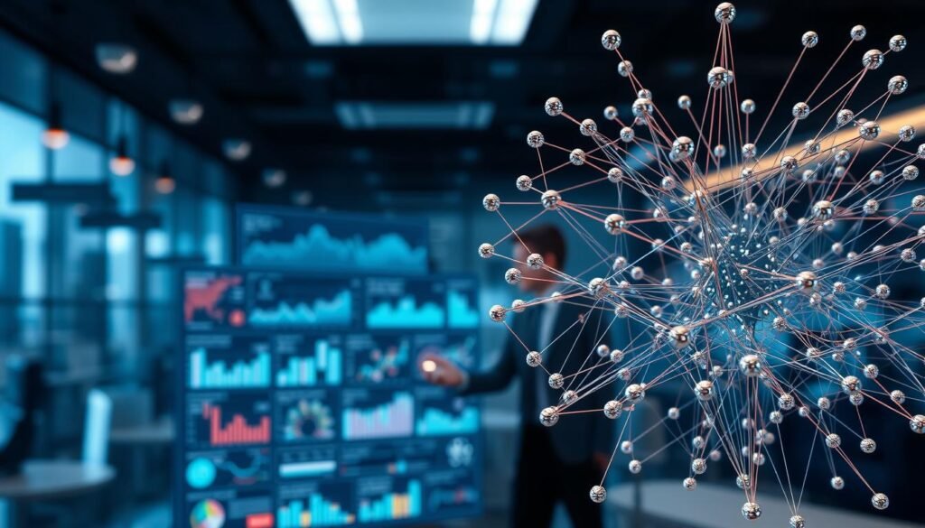 A complex diagram depicting the inner workings of a predictive machine learning model. In the foreground, a neural network structure with intricate layers and nodes, hinting at the sophisticated algorithms at play. In the middle ground, a data visualization dashboard displaying graphs, charts, and statistical analyses, showcasing the model's predictive capabilities. In the background, a blurred cityscape or business setting, suggesting the real-world applications of this technology. The lighting is sharp and technical, with metallic accents and a cool, clinical color palette to evoke a sense of cutting-edge innovation. The overall composition should convey the power and precision of modern predictive analytics.