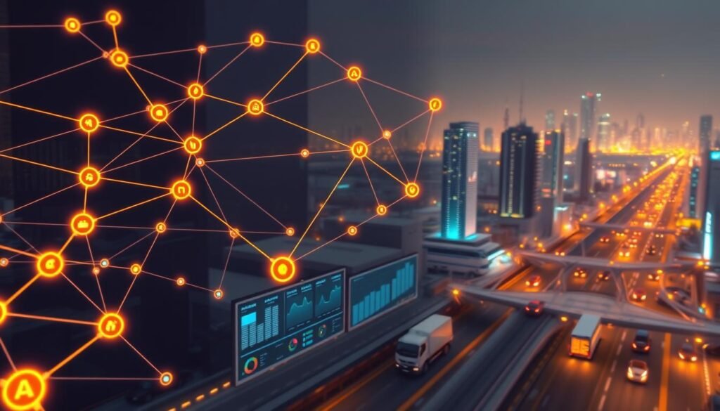 A complex supply chain network visualized in 3D, with nodes representing key logistics operations and processes, connected by dynamic flow lines. In the foreground, an AI assistant analyzing the data, using advanced algorithms to identify optimization opportunities. The middle ground showcases various business metrics and KPIs, displayed on interactive dashboards. In the background, a futuristic cityscape with autonomous vehicles and smart infrastructure, highlighting the integration of AI-driven logistics into the broader urban ecosystem. The scene is bathed in a warm, ambient lighting, conveying a sense of efficiency, adaptability, and technological progress.
