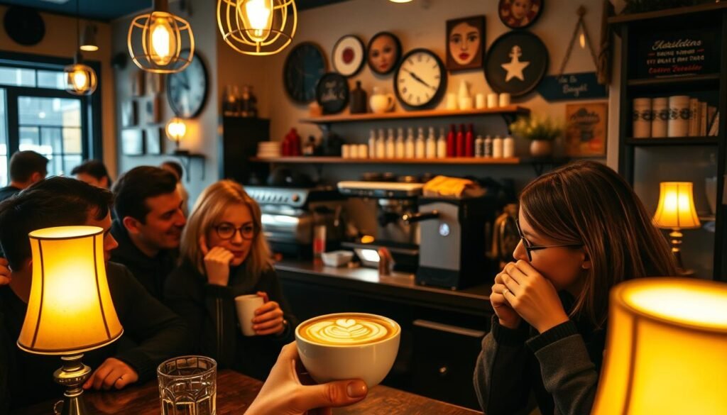 A cozy café interior, with the warm glow of table lamps casting a soft light across the room. In the foreground, a group of customers are engaged in lively conversation, their faces full of animated expressions as they sip on aromatic beverages. The middle ground features a barista, skillfully crafting a latte with intricate latte art, showcasing their expertise. In the background, the walls are adorned with vintage-inspired decor, adding a touch of nostalgia and creating an inviting atmosphere. The scene conveys a sense of community, where loyal customers feel valued and at home, fostering a strong connection between the business and its patrons.