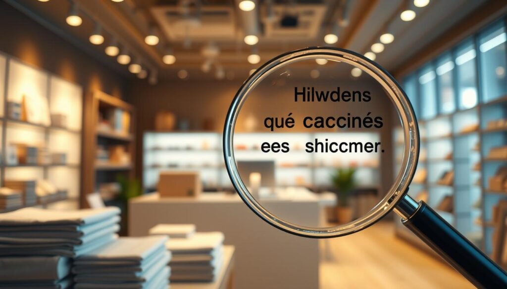 A cozy online store setting, with a magnifying glass highlighting hidden fees and costs that catch the unsuspecting customer off guard. The foreground features neatly stacked products and a chic, minimalist checkout counter, while the background showcases a warm, inviting ambiance with soft lighting and subtle patterns. The overall mood is one of subtle deception, where the allure of online shopping is undermined by the hidden financial pitfalls. A carefully composed scene that visually encapsulates the subtitle "Des frais cachés qui surprennent le client".