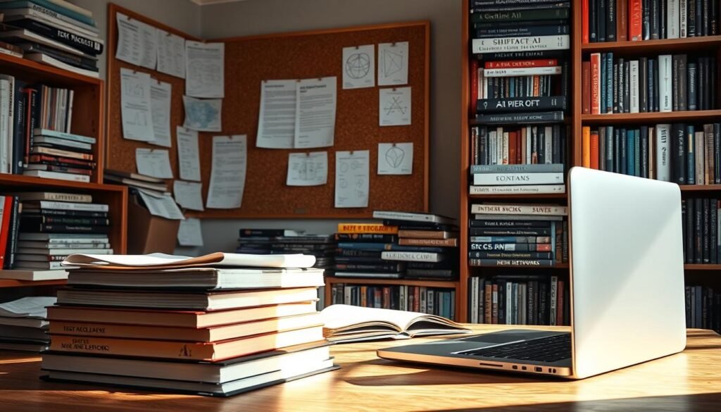 A cozy study filled with an array of theoretical AI resources. In the foreground, a stack of hardcover books and a laptop resting on a wooden desk, bathed in soft, natural lighting. In the middle ground, a corkboard displays neatly pinned research papers and diagrams, hinting at the depth of study. The background showcases a bookshelf overflowing with volumes on machine learning, neural networks, and AI algorithms, creating an atmosphere of scholarly contemplation. The overall scene conveys a sense of intellectual pursuit, inviting the viewer to delve into the fascinating world of theoretical AI.
