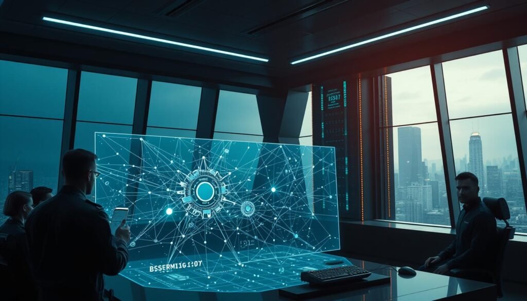 A dark, futuristic control room with a sleek, minimalist design. In the foreground, a large holographic display shows a complex network of interconnected nodes and data streams, representing the flow of digital information. Behind it, a team of cybersecurity experts in crisp, high-tech uniforms monitors the display, their expressions intense as they analyze potential threats. The room is bathed in a cool, blue-hued lighting, creating an atmosphere of technological precision and vigilance. Tall, angular windows offer a panoramic view of a dystopian cityscape, hinting at the ever-evolving nature of the digital landscape. In the background, a massive, towering artificial intelligence mainframe dominates the space, its flickering lights and subtle hum conveying a sense of power and intelligence. The image captures the fusion of human expertise and advanced AI technology, working in harmony to safeguard against the growing threats in the digital realm. A dark, futuristic control room with a sleek, minimalist design. In the foreground, a large holographic display shows a complex network of interconnected nodes and data streams, representing the flow of digital information. Behind it, a team of cybersecurity experts in crisp, high-tech uniforms monitors the display, their expressions intense as they analyze potential threats. The room is bathed in a cool, blue-hued lighting, creating an atmosphere of technological precision and vigilance. Tall, angular windows offer a panoramic view of a dystopian cityscape, hinting at the ever-evolving nature of the digital landscape. In the background, a massive, towering artificial intelligence mainframe dominates the space, its flickering lights and subtle hum conveying a sense of power and intelligence. The image captures the fusion of human expertise and advanced AI technology, working in harmony to safeguard against the growing threats in the digital realm.