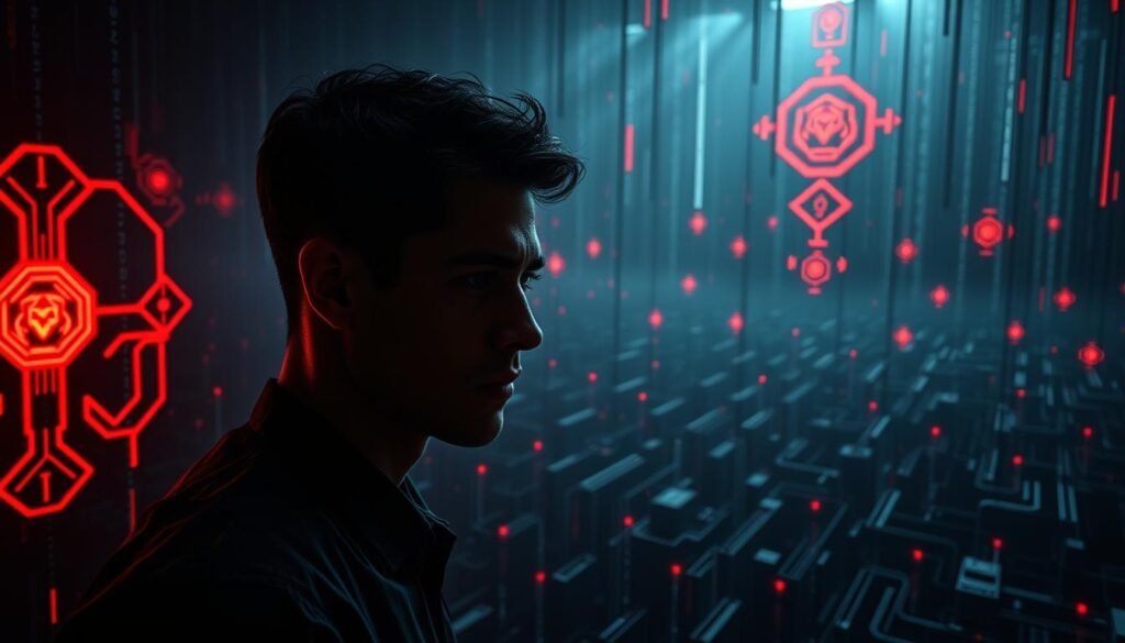 A darkened digital landscape, a phishing lure of staggering sophistication. In the foreground, a deeply realistic deepfake avatar, crafted with uncanny precision, lures the unsuspecting victim. Shadowy AI algorithms lurk in the middle ground, weaving a tapestry of deception. In the background, a maze of encrypted data streams, obfuscating the true nature of the threat. Ominous red glyphs flicker, hinting at the AI-amplified dangers that lie in wait. Dramatic cinematic lighting casts an eerie glow, heightening the sense of unease. This is the new frontier of cybercrime, where artificial intelligence empowers a new generation of sophisticated phishing attacks. A darkened digital landscape, a phishing lure of staggering sophistication. In the foreground, a deeply realistic deepfake avatar, crafted with uncanny precision, lures the unsuspecting victim. Shadowy AI algorithms lurk in the middle ground, weaving a tapestry of deception. In the background, a maze of encrypted data streams, obfuscating the true nature of the threat. Ominous red glyphs flicker, hinting at the AI-amplified dangers that lie in wait. Dramatic cinematic lighting casts an eerie glow, heightening the sense of unease. This is the new frontier of cybercrime, where artificial intelligence empowers a new generation of sophisticated phishing attacks.