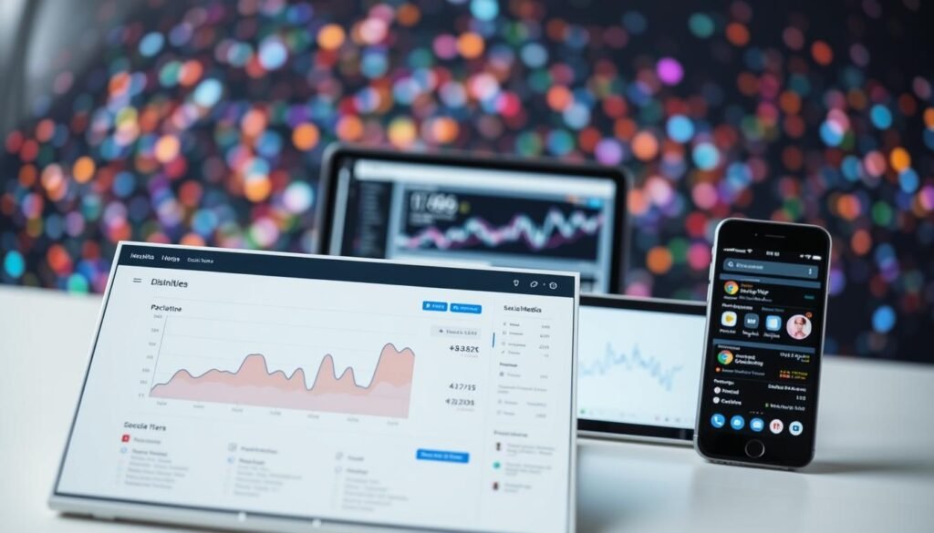 A data-driven analysis of social media trends, showcased through a dynamic dashboard. In the foreground, a minimalist chart interface displays key metrics and insights, with clean visualizations and intuitive controls. The middle ground features a trio of interconnected devices - a laptop, tablet, and smartphone - each streaming real-time social media data. The background subtly blends vibrant digital textures, suggesting the vast network of online interactions. Soft, diffused lighting and a muted color palette create a professional, analytical atmosphere, highlighting the analytical nature of the subject matter. The overall composition emphasizes the power of data-driven decision making and the importance of seamless, automated social media monitoring for business optimization. A data-driven analysis of social media trends, showcased through a dynamic dashboard. In the foreground, a minimalist chart interface displays key metrics and insights, with clean visualizations and intuitive controls. The middle ground features a trio of interconnected devices - a laptop, tablet, and smartphone - each streaming real-time social media data. The background subtly blends vibrant digital textures, suggesting the vast network of online interactions. Soft, diffused lighting and a muted color palette create a professional, analytical atmosphere, highlighting the analytical nature of the subject matter. The overall composition emphasizes the power of data-driven decision making and the importance of seamless, automated social media monitoring for business optimization.