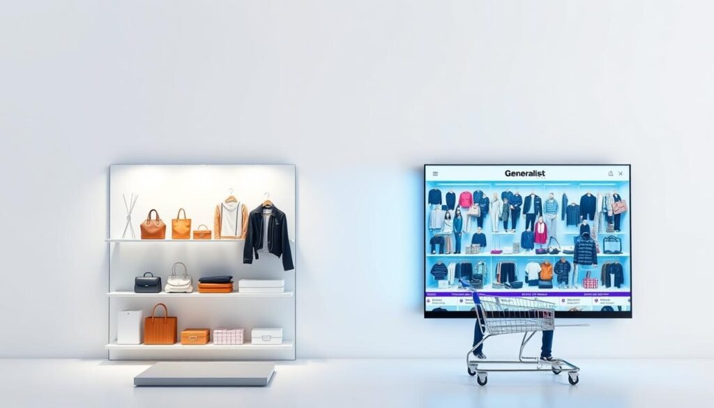 A detailed comparison of e-commerce business strategies, showcasing the contrast between a single-product boutique and a generalist online store. The image should depict two distinct product displays, one minimalist and focused, the other crowded and diverse, set against a plain white background with subtle lighting from the side to accentuate the visual differences. The composition should emphasize the strategic choices and their respective impacts, conveying a sense of thoughtful deliberation on the part of the e-commerce entrepreneur. A detailed comparison of e-commerce business strategies, showcasing the contrast between a single-product boutique and a generalist online store. The image should depict two distinct product displays, one minimalist and focused, the other crowded and diverse, set against a plain white background with subtle lighting from the side to accentuate the visual differences. The composition should emphasize the strategic choices and their respective impacts, conveying a sense of thoughtful deliberation on the part of the e-commerce entrepreneur.