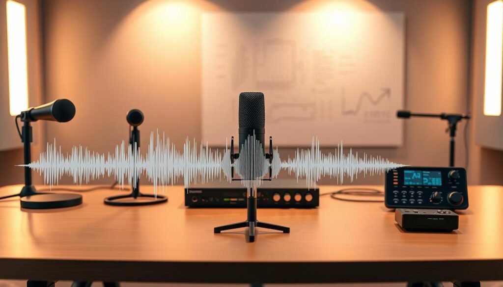 A detailed comparison of the leading AI voice generators for video production, set against a professional studio backdrop. Smooth, warm lighting illuminates a minimalist table displaying several high-end microphones and digital interfaces. In the foreground, three distinct voice waveforms visualize the tonal qualities, articulation, and expressiveness of each AI voice model. The middle ground showcases side-by-side audio playback controls, allowing for easy A/B testing. The background features a softly blurred technical diagram or spec sheet, hinting at the advanced engineering behind these cutting-edge voice synthesis technologies. The overall mood is one of technical sophistication, clarity, and insight - designed to help video creators choose the optimal AI voice solution for their production needs. A detailed comparison of the leading AI voice generators for video production, set against a professional studio backdrop. Smooth, warm lighting illuminates a minimalist table displaying several high-end microphones and digital interfaces. In the foreground, three distinct voice waveforms visualize the tonal qualities, articulation, and expressiveness of each AI voice model. The middle ground showcases side-by-side audio playback controls, allowing for easy A/B testing. The background features a softly blurred technical diagram or spec sheet, hinting at the advanced engineering behind these cutting-edge voice synthesis technologies. The overall mood is one of technical sophistication, clarity, and insight - designed to help video creators choose the optimal AI voice solution for their production needs.