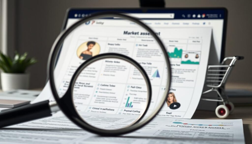 A detailed, data-driven analysis of a profitable niche market. In the foreground, a magnifying glass examines a customer profile, revealing key demographic and psychographic insights. In the middle ground, a holistic market assessment charts growth trends, pain points, and competitive positioning. The background depicts an e-commerce platform, showcasing the technological tools and platforms to launch and scale a successful online side hustle. Soft lighting and a clean, minimalist aesthetic convey a sense of precision, innovation, and entrepreneurial potential.
