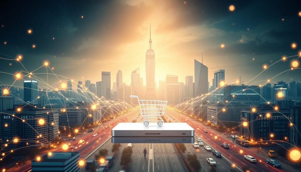 A digital landscape depicting the interconnected world of AI-powered e-commerce. In the foreground, glowing data nodes and algorithms flow seamlessly, representing the automated processes that power online shopping. In the middle ground, a sleek, minimalist e-commerce platform takes center stage, its interface clean and intuitive. In the background, a cityscape of towering skyscrapers and bustling streets conveys the global scale and reach of this intelligent, automated retail ecosystem. The scene is bathed in a warm, golden light, suggesting the efficiency and profitability of this AI-driven future. The overall mood is one of technological sophistication, interconnectivity, and the transformative potential of artificial intelligence in the e-commerce domain.