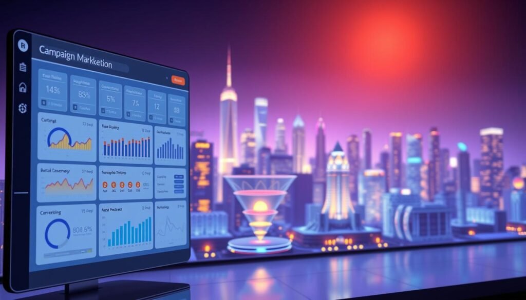 A digital marketing campaign management dashboard with an intuitive user interface. The foreground features several interactive panels displaying key performance metrics, optimization suggestions, and automated workflow tools. In the middle ground, a 3D visualization of customer journey and conversion funnels. The background shows a futuristic cityscape with glowing skyscrapers, reflecting the scale and sophistication of the marketing optimization process. Soft blue and purple hues create a serene, technological atmosphere. Lit by a warm, directional light source that casts dramatic shadows, emphasizing the depth and complexity of the scene. A digital marketing campaign management dashboard with an intuitive user interface. The foreground features several interactive panels displaying key performance metrics, optimization suggestions, and automated workflow tools. In the middle ground, a 3D visualization of customer journey and conversion funnels. The background shows a futuristic cityscape with glowing skyscrapers, reflecting the scale and sophistication of the marketing optimization process. Soft blue and purple hues create a serene, technological atmosphere. Lit by a warm, directional light source that casts dramatic shadows, emphasizing the depth and complexity of the scene.