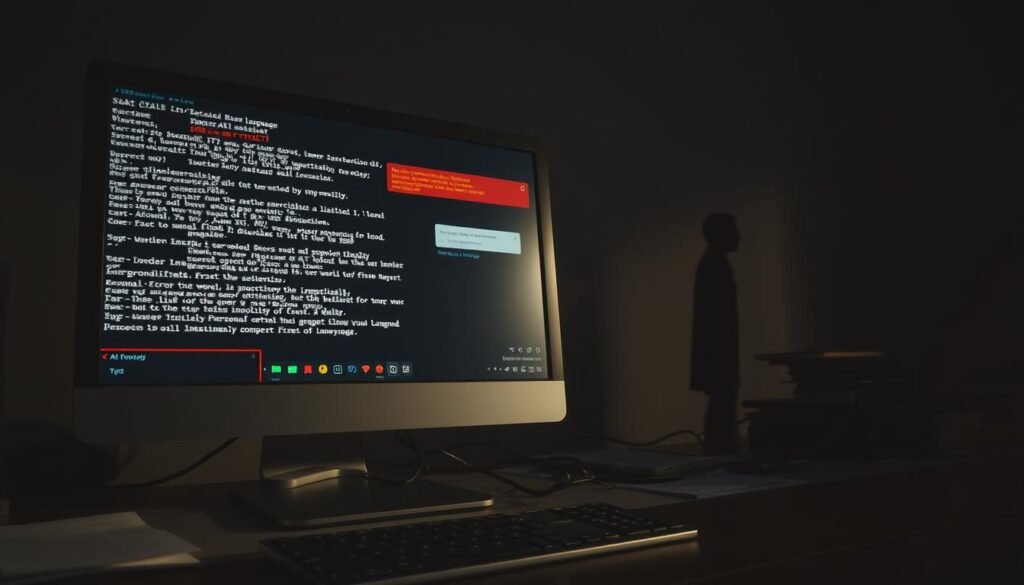 A dimly lit office setting, with a desk and computer monitor in the foreground. The monitor displays a mix of garbled text, glitching visuals, and error messages, symbolizing the limitations and challenges of language processing technology. In the background, a shadowy figure representing an AI assistant stands, seemingly struggling to comprehend and respond to the user's needs. Muted colors, moody lighting, and a sense of unease convey the limitations and frustrations of working with imperfect virtual assistants. Subtle details, such as a partially obscured keyboard or a stack of unread documents, further emphasize the gap between human expectations and AI capabilities.