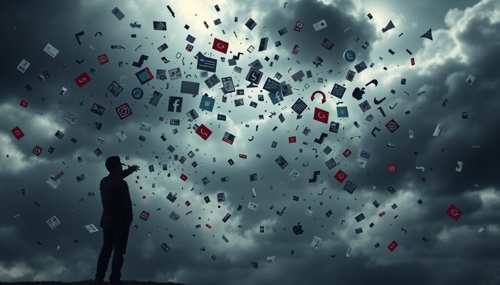 A disorderly tangle of social media posts, deepfakes, and misinformation swirling against a backdrop of ominous grey clouds. In the foreground, a lone figure stands vigilant, shielding their eyes from the digital storm, symbolizing the critical need for ethical AI governance and regulation to combat the risks of disinformation. Dramatic lighting casts deep shadows, evoking a palpable sense of unease and the high stakes involved. The composition conveys the urgent challenge faced by entrepreneurs and policymakers to responsibly navigate the evolving AI landscape and its potential for societal harm.