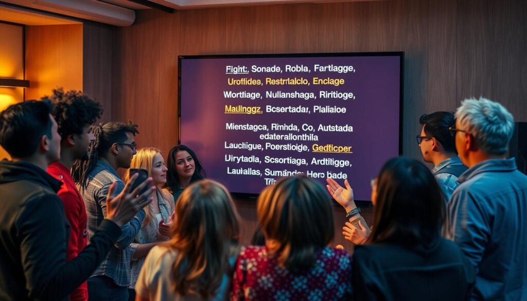 A diverse group of people of various ethnicities, ages, and genders gathered around a large screen displaying subtitles in multiple languages. The scene is well-lit with warm, inviting lighting, creating a sense of inclusivity and accessibility. The screen is positioned prominently, indicating the centrality of multilingual video accessibility. The people are engaged, gesturing and interacting, suggesting a collaborative and interactive environment. The overall atmosphere conveys a harmonious, inclusive, and forward-thinking approach to accessibility in multimedia content. A diverse group of people of various ethnicities, ages, and genders gathered around a large screen displaying subtitles in multiple languages. The scene is well-lit with warm, inviting lighting, creating a sense of inclusivity and accessibility. The screen is positioned prominently, indicating the centrality of multilingual video accessibility. The people are engaged, gesturing and interacting, suggesting a collaborative and interactive environment. The overall atmosphere conveys a harmonious, inclusive, and forward-thinking approach to accessibility in multimedia content.