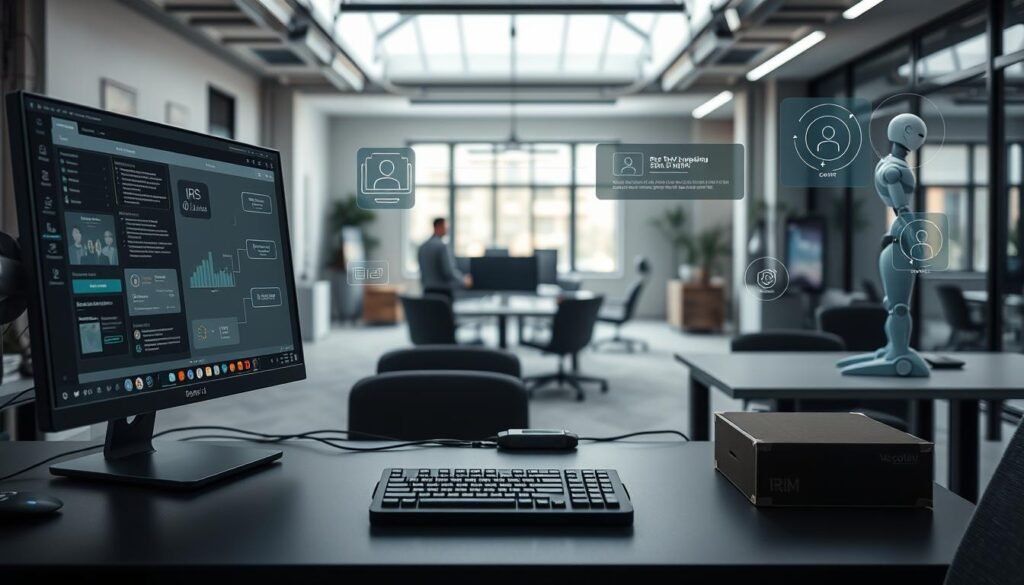 A dynamic and efficient office environment, with seamless automation of recurring tasks. In the foreground, a minimalist desk setup featuring a sleek computer monitor, a futuristic input device, and task-organizing software interfaces. The middle ground showcases intelligent virtual assistants and robotic process automation in action, efficiently handling routine administrative duties. The background reveals an open-concept workspace with contemporary furniture, natural lighting, and a subtle color palette that promotes productivity and focus. The overall scene conveys a sense of technological harmony, where human and artificial intelligence collaborate effortlessly to optimize workflows and streamline business operations.