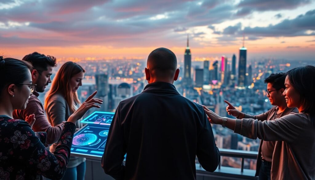 A dynamic and harmonious fusion of human creativity and advanced technology. In the foreground, a diverse group of people collaborate, their hands and minds intertwined, sparking ideas and innovations. The middle ground features a sleek, futuristic interface, glowing with vibrant colors and holographic elements, symbolizing the integration of AI and digital tools. In the background, a stunning cityscape stretches out, its skyline a testament to the power of human ingenuity elevated by technological progress. Warm, ambient lighting casts a soft, inspirational glow, creating an atmosphere of optimism and endless possibilities. The overall scene evokes a sense of synergy, where human creativity and technological innovation converge to drive groundbreaking advancements.