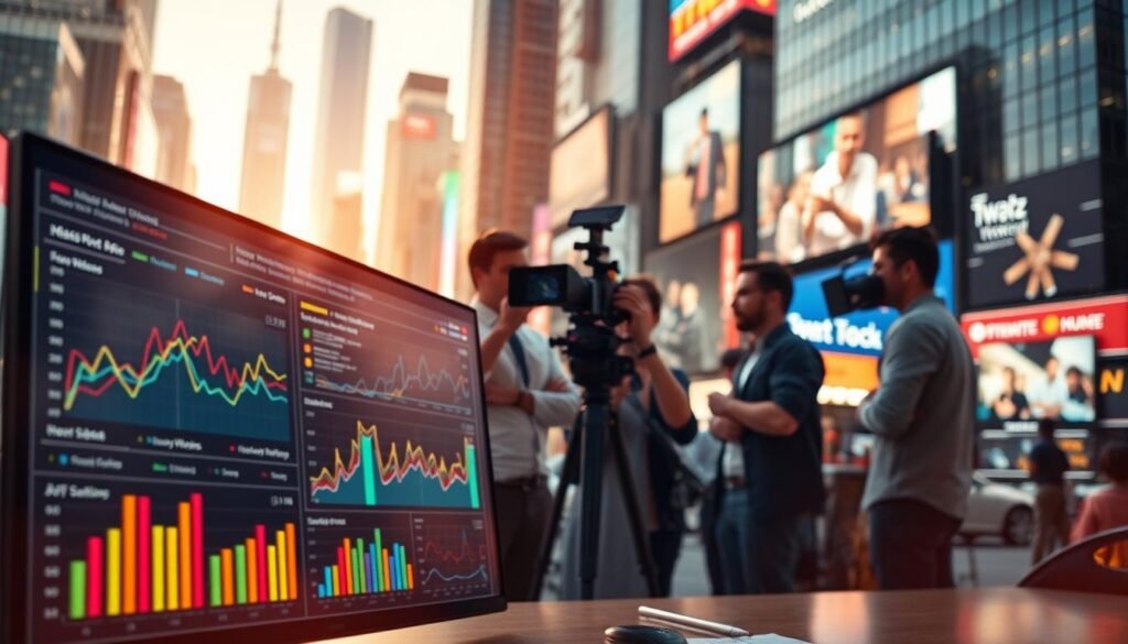 A dynamic, visually-engaging scene showcasing the optimization of video marketing. In the foreground, a digital dashboard displays real-time analytics and performance metrics, surrounded by colorful graphs and charts. In the middle ground, a filmmaker adjusts camera settings, collaborating with a team of marketers and creatives. The background depicts a vibrant cityscape, with skyscrapers and billboards reflecting the fast-paced nature of the digital marketing industry. Warm lighting casts a soft glow, creating an atmosphere of productivity and innovation. The composition emphasizes the synergy between data-driven insights and creative video production, inspiring viewers to optimize their own marketing efforts. A dynamic, visually-engaging scene showcasing the optimization of video marketing. In the foreground, a digital dashboard displays real-time analytics and performance metrics, surrounded by colorful graphs and charts. In the middle ground, a filmmaker adjusts camera settings, collaborating with a team of marketers and creatives. The background depicts a vibrant cityscape, with skyscrapers and billboards reflecting the fast-paced nature of the digital marketing industry. Warm lighting casts a soft glow, creating an atmosphere of productivity and innovation. The composition emphasizes the synergy between data-driven insights and creative video production, inspiring viewers to optimize their own marketing efforts.