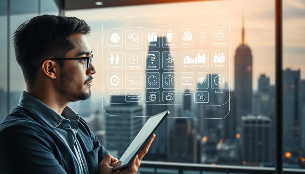 A dynamic, well-lit business scene showcasing the key elements of entrepreneurial opportunity identification. In the foreground, a thoughtful entrepreneur contemplates a graphical representation of their skills and capabilities. In the middle ground, a holographic display reveals a range of potential business opportunities, each highlighted with informative icons and visuals. The background features a stylized cityscape, conveying a sense of urban innovation and possibility. The lighting is crisp and directional, emphasizing the subject matter and creating a sense of focus and intent. The overall composition evokes a balanced, considered approach to identifying the right entrepreneurial path forward.